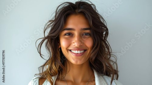 A woman with long brown hair smiling at the camera