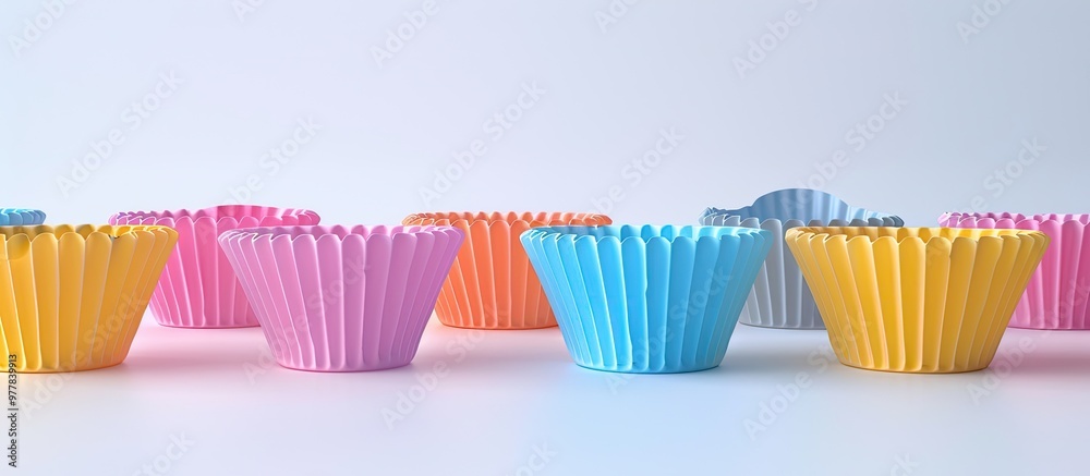 Multicolored empty paper baking cups on a white backdrop with copyspace Multicolored empty paper baking cups on a white backdrop with copyspace