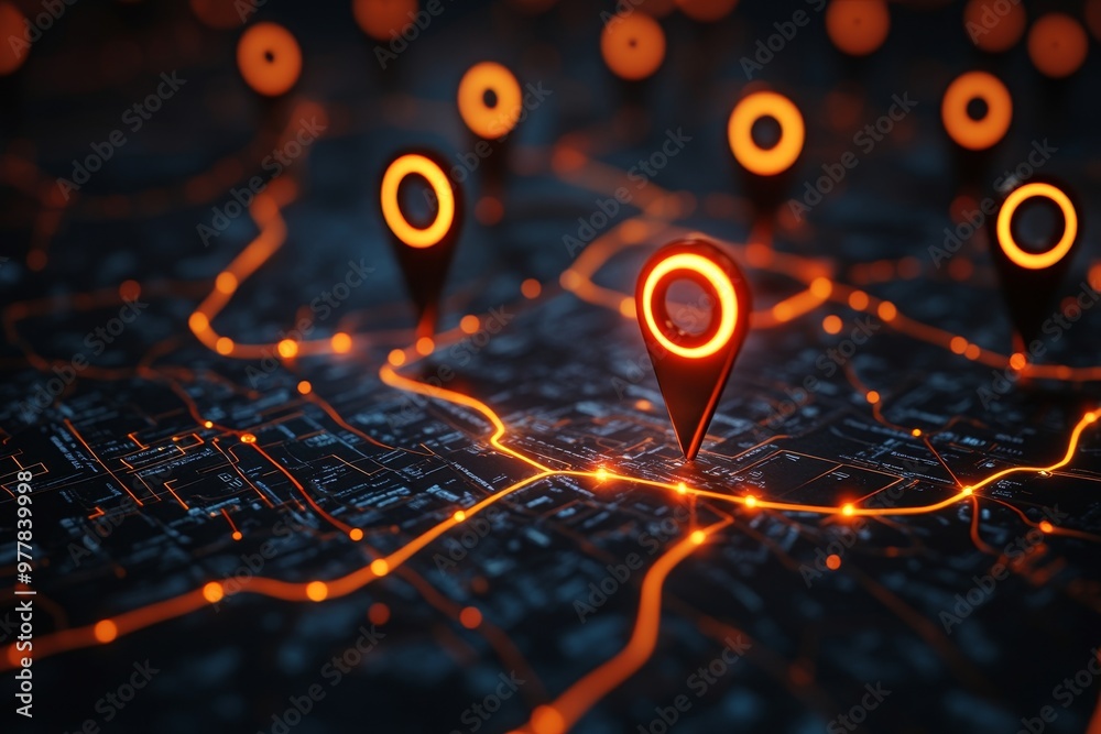Abstract map visualization with location pins on dark background for ai and big data concepts Abstract map visualization with location pins on dark background for ai and big data concepts