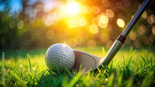 Golf ball and club on vibrant green grass