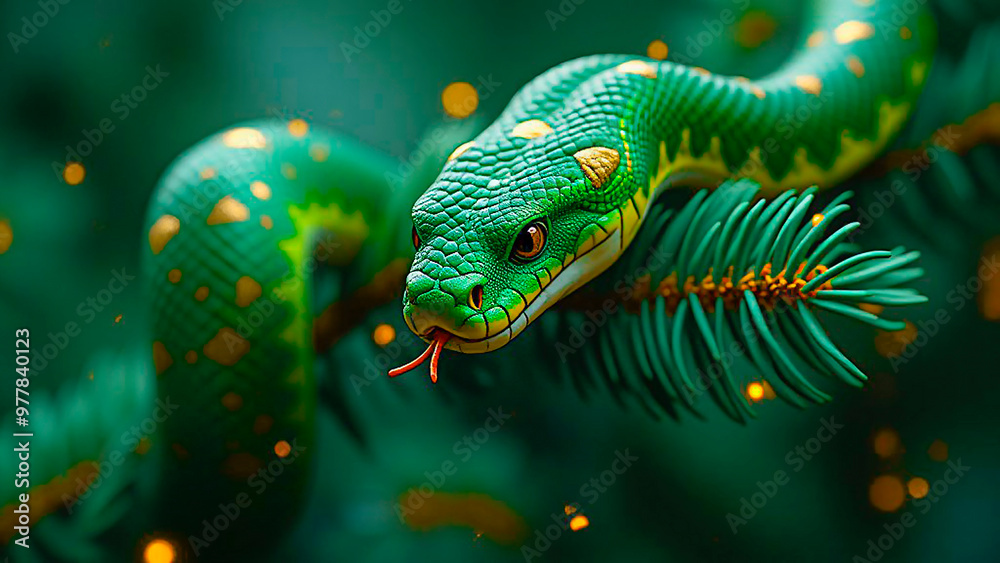A large green snake, a symbol of the new Chinese year 2025, on a green branch on a Christmas tree. A large green snake, a symbol of the new Chinese year 2025, on a green branch on a Christmas tree.