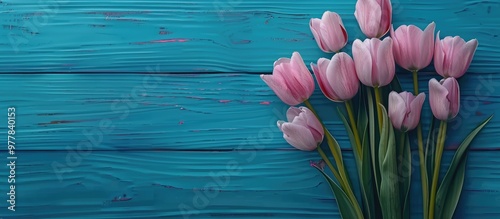 Pink tulips on a blue wooden background copy space A bouquet of fresh spring flowers mockup for a greeting card photo