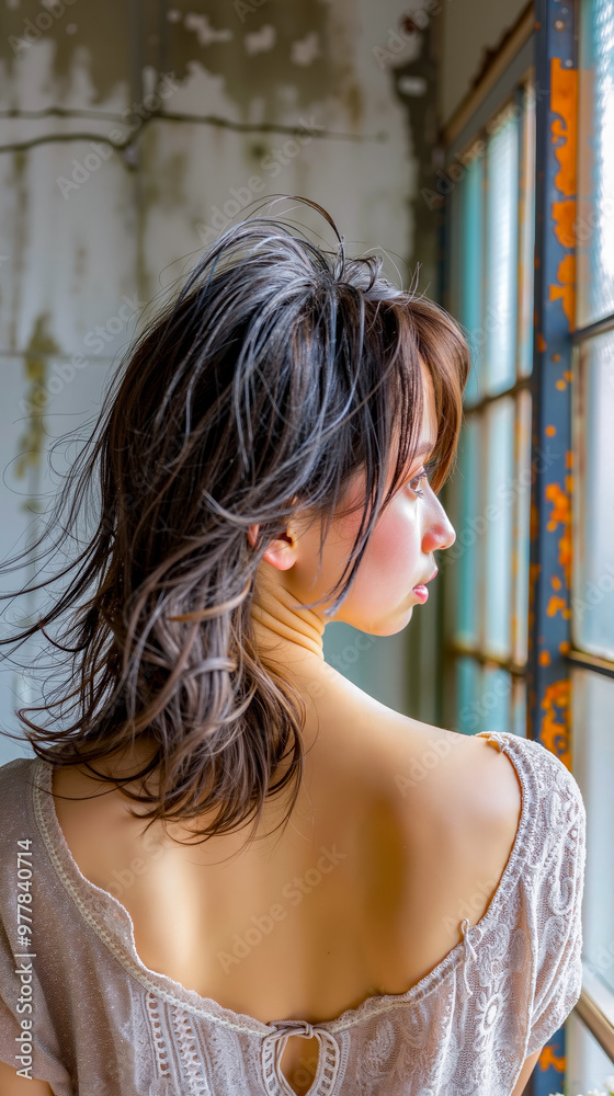 Fototapeta premium A woman looking out of a window with her hair blowing in the wind