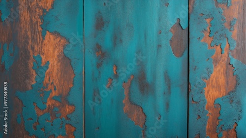 weathered turquoise wooden panels with peeling paint texture. rustic vintage background with distressed surface.