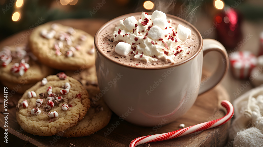 A steaming mug of hot chocolate topped with whipped cream marshmallows and a candy cane served next to Christmas cookies. A steaming mug of hot chocolate topped with whipped cream marshmallows and a candy cane served next to Christmas cookies.