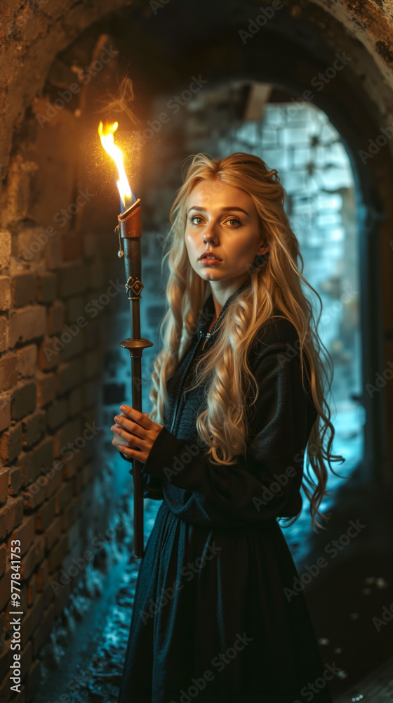 Fototapeta premium A woman in a black dress holding a torch in a dark tunnel
