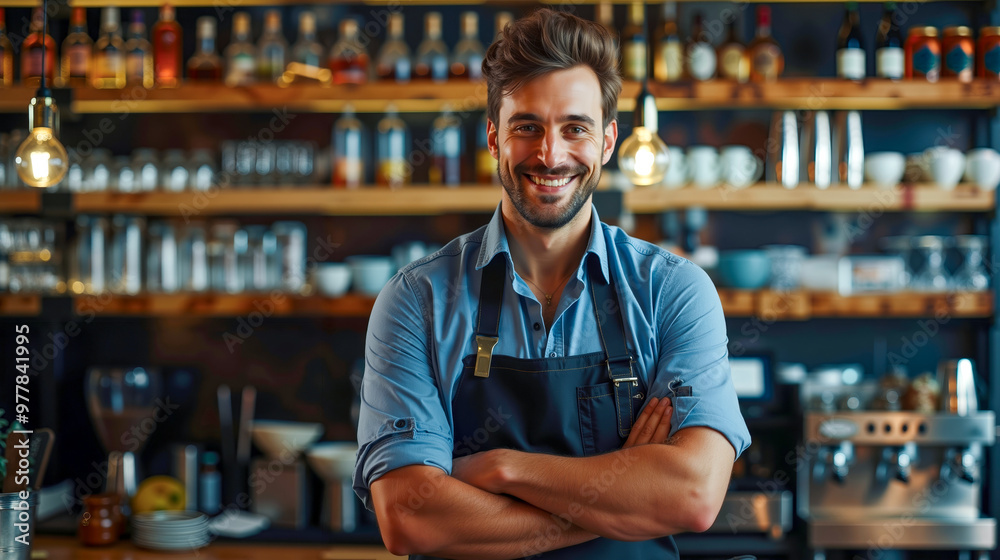 A smiling bari standing in front of a bar with his arms crossed A smiling bari standing in front of a bar with his arms crossed