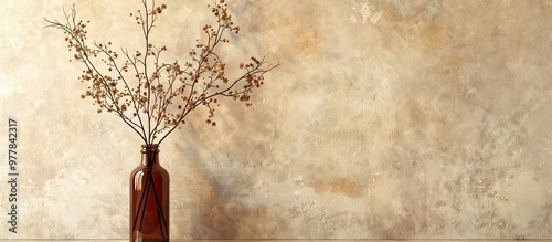 Ilex verticillata branches in a vintage brown glass bottle against a beige wall background Front view Copy space