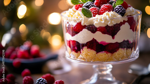 A traditional Christmas trifle in a glass bowl layered with sponge cake custard jelly whipped cream and fresh berries.