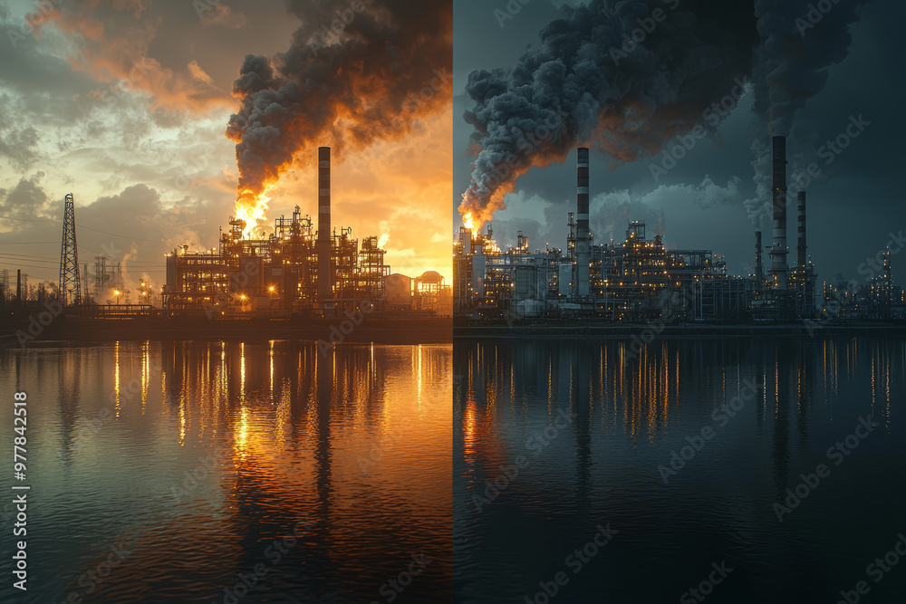 A factory emitting clean energy on one side of the frame, while the other half shows a factory emitting dark, polluting smoke, contrasting sustainability versus pollution. A factory emitting clean energy on one side of the frame, while the other half shows a factory emitting dark, polluting smoke, contrasting sustainability versus pollution.