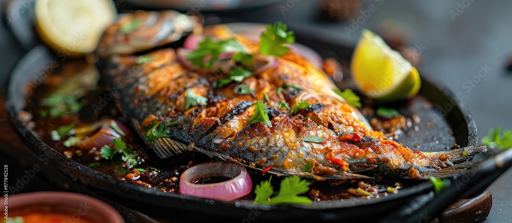 Marinated Pomfret fried fish also known as Indian Spicy fish fry garnished with onion and coriander on an iron skillet griddle selective focus with copy space Marinated Pomfret fried fish also known as Indian Spicy fish fry garnished with onion and coriander on an iron skillet griddle selective focus with copy space