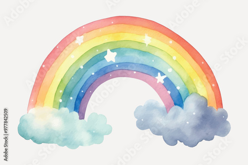 Colorful watercolor rainbow with clouds
