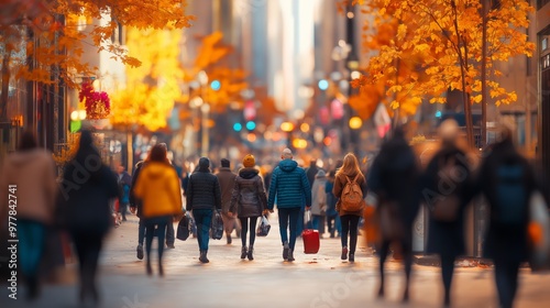 People walking on autumn city street, vibrant fall foliage, blurred urban scene.