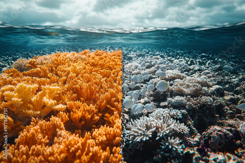 A divided ocean scene where one side is teeming with marine life, and the other side shows dead coral reefs, symbolizing ocean health versus destruction. photo