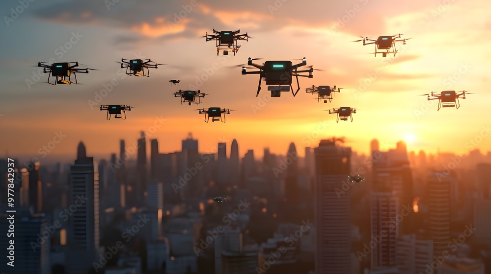 Autonomous Drones – A swarm of autonomous drones flying over a futuristic city, performing various tasks from delivery to surveillance --ar 16:9 Autonomous Drones – A swarm of autonomous drones flying over a futuristic city, performing various tasks from delivery to surveillance --ar 16:9
