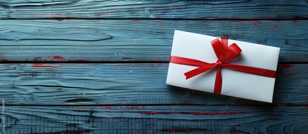 Fototapeta premium Empty Gift Voucher on a Blue Wooden Table. Copy space image. Place for adding text and design
