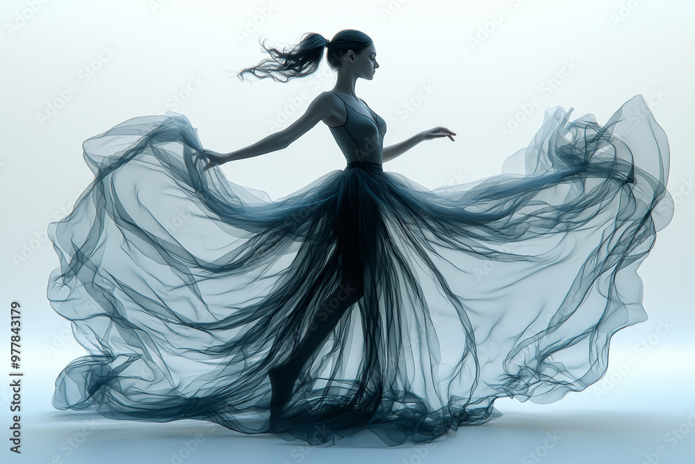 Fototapeta premium A dancer's silhouette infused with flowing fabric, representing movement and grace through double exposure.
