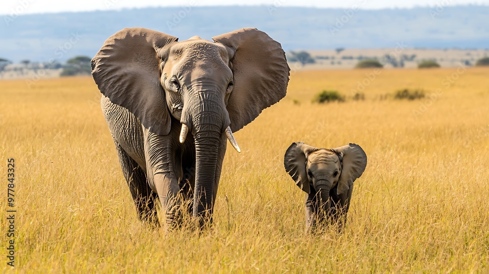 Fototapeta premium A mother elephant and her calf walking through the tall grass of the African plains