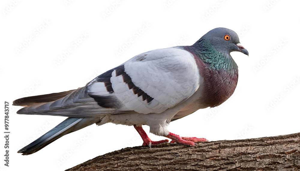 A solitary feral pigeon stands against a white background, showcasing its distinct features and plumage A solitary feral pigeon stands against a white background, showcasing its distinct features and plumage