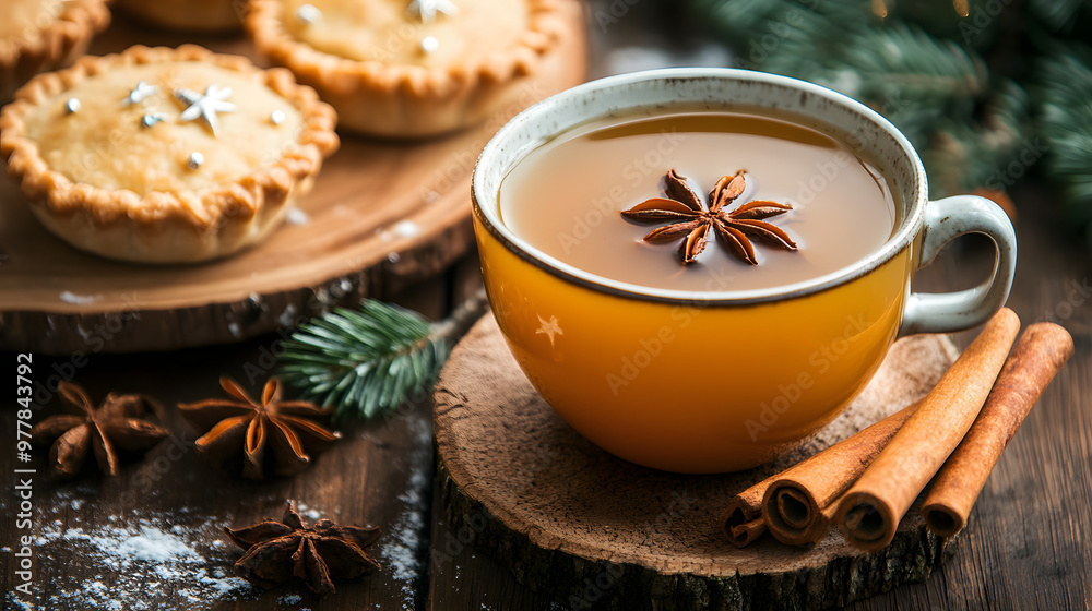 A warm bowl of Christmas spiced cider with cinnamon sticks and star anise served alongside mince pies on a rustic table. A warm bowl of Christmas spiced cider with cinnamon sticks and star anise served alongside mince pies on a rustic table.