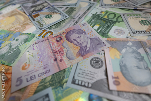 US dollar, euro and Romanian lei banknotes background for design purpose