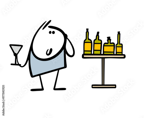 Cartoon funny taster is standing near a table with bottles. Vector illustration of doodle stickman at a party with a glass choosing wine. Alcoholic drinks in a cafe, bar or restaurant.