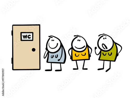 Long queue in the women's bathroom. Vector illustration of a girl and cartoon woman standing in front of doodle closed door with a sign. Funny waiting situation, unhappy hand drawn ladies.
