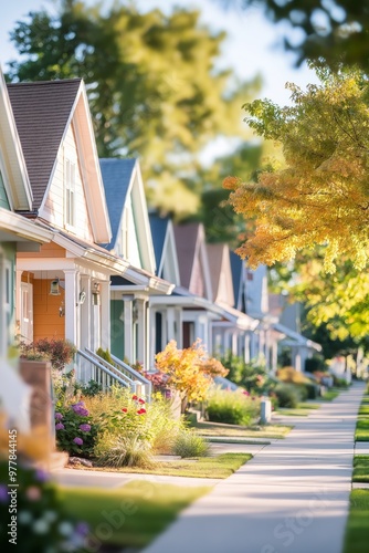 quaint suburban street lined with colorful houses and lush greenery photo