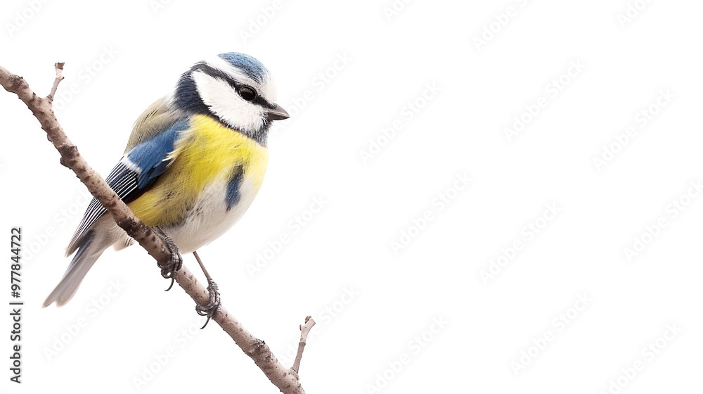 Obraz premium A curious blue tit perched on a twig on a white background with copy space, tiny body alert