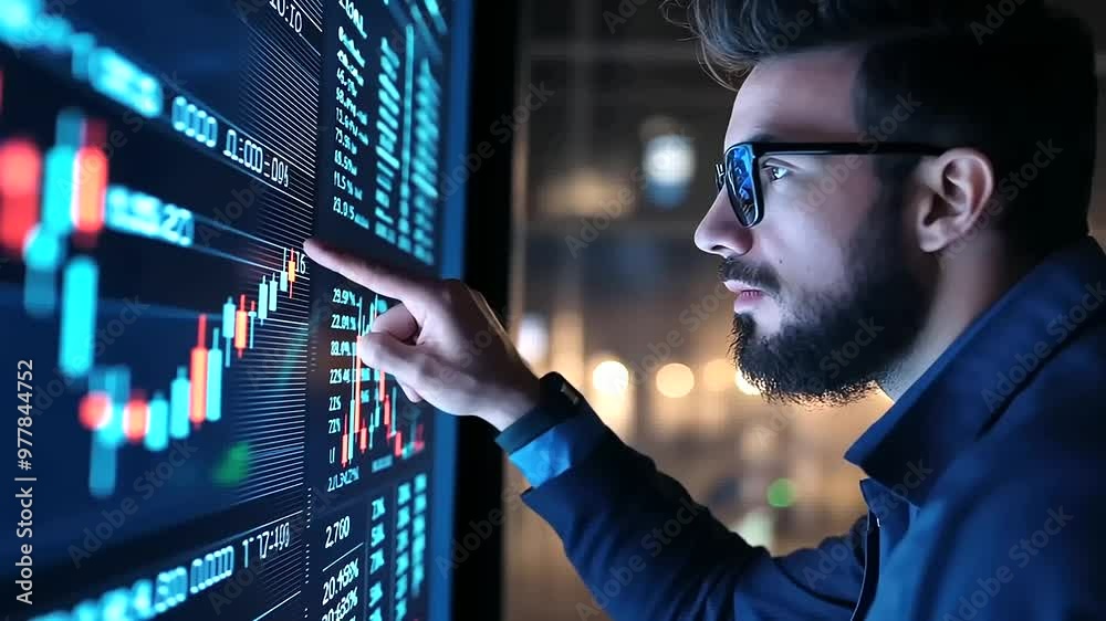 A trader confidently pointing at a rising stock price chart, symbolizing a successful trade and potential earnings