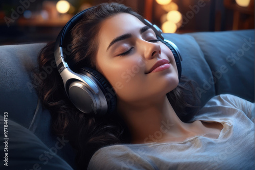 Relaxed young woman with headphones enjoying music at home. Close up peaceful young woman wearing headphones listening to music with closed eyes, leaning back on cozy couch at home. generative AI photo