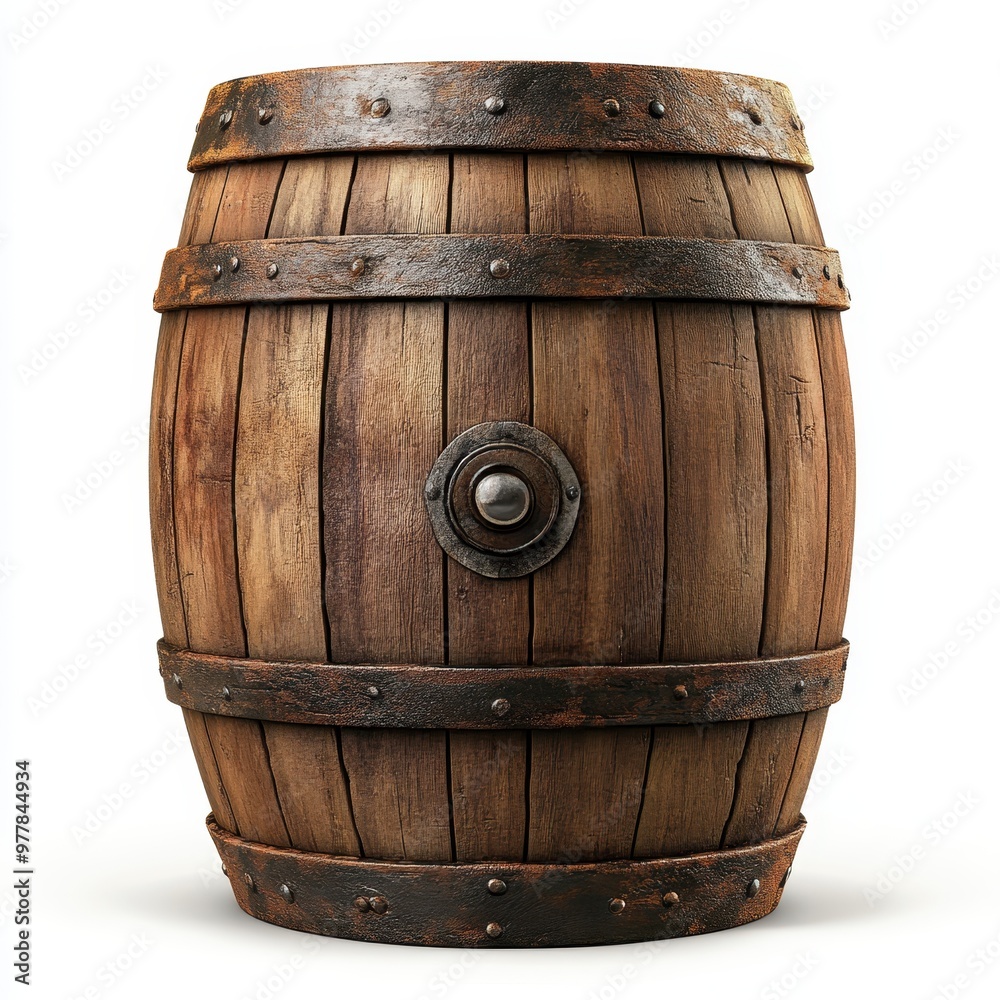 Obraz premium A rustic wooden barrel made of staves and held together by metal bands, perfect for storage or decoration, white background