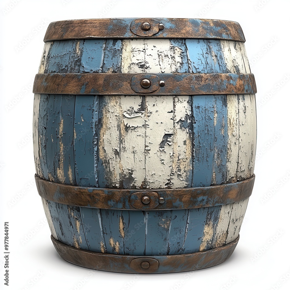 A rustic wooden barrel with blue and white paint, perfect for adding a vintage touch to any decor or design project, white background A rustic wooden barrel with blue and white paint, perfect for adding a vintage touch to any decor or design project, white background