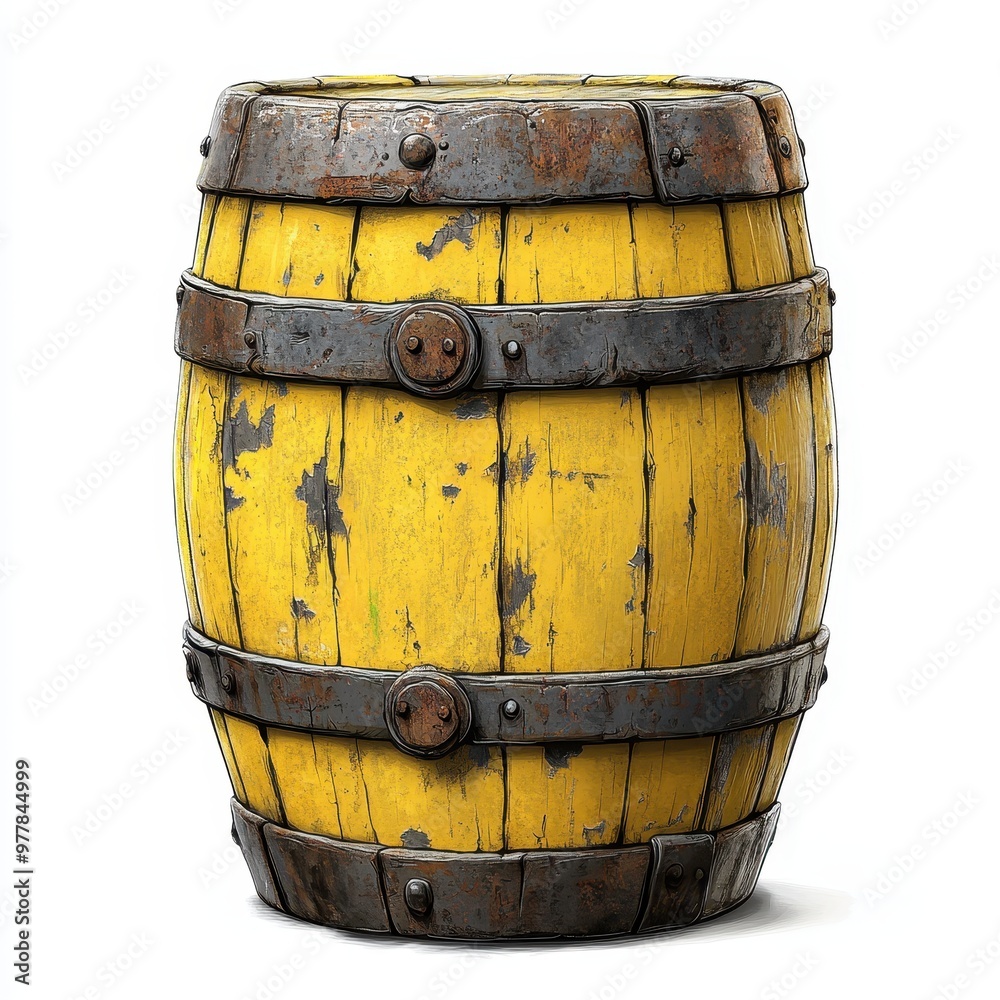 Fototapeta premium A rustic yellow wooden barrel with metal bands, ideal for vintage decor and storage solutions in a farmhouse setting, white background