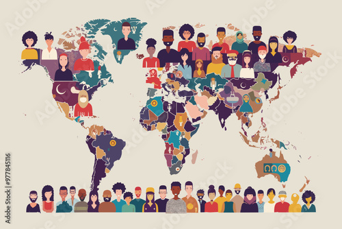 Diverse World Population with Various Ethnic Groups and Cultures Representing Global Community, Society and Unity Concept Illustration