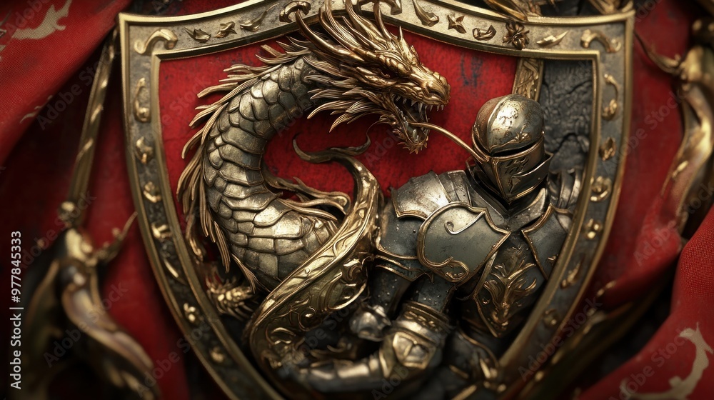 Fototapeta premium Golden Dragon and Armored Knight on a Red Shield