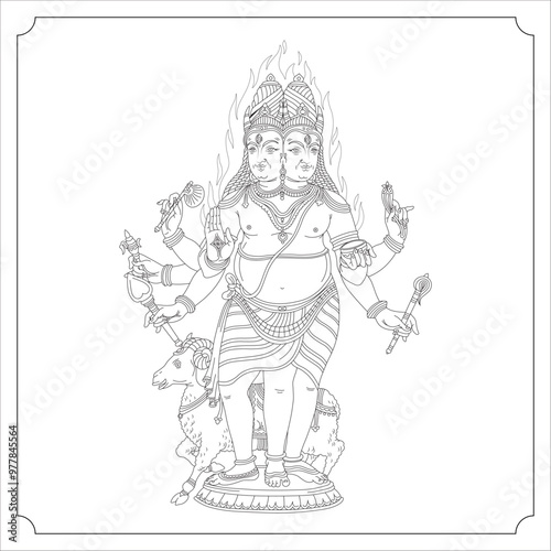 Indian Goddess Agni Isolated Outline Vector Illustration