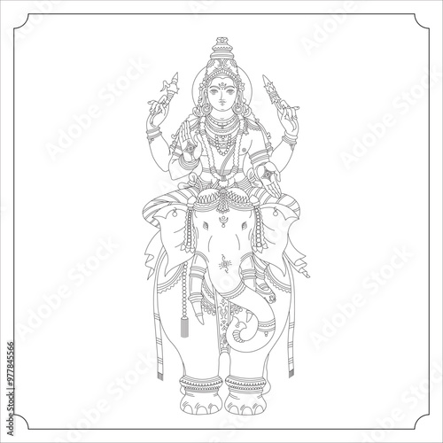 Indian Goddess Indra Isolated Outline Vector Illustration