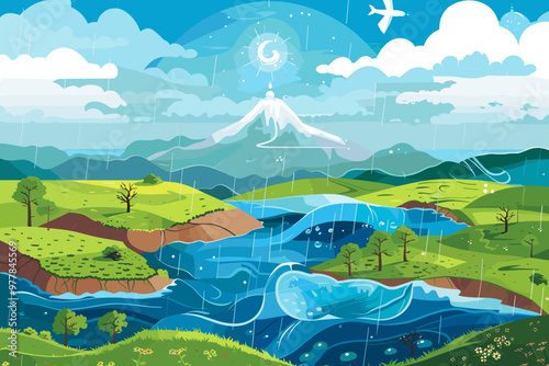 Earth's Water Cycle Diagram with Condensation, Precipitation, and Evaporation Processes