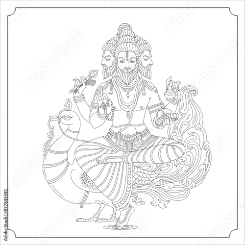 Indian God BRAHMA Isolated Outline Vector Illustration
