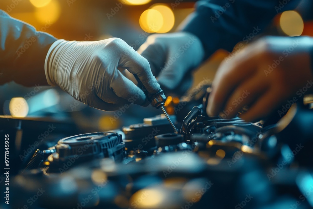 Close up of mechanic s hands inspecting car engine, highlighting precision and skill in diagnostics Close up of mechanic s hands inspecting car engine, highlighting precision and skill in diagnostics