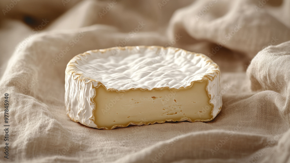 Close-up of a round camembert cheese on rustic cloth. Close-up of a round camembert cheese on rustic cloth.