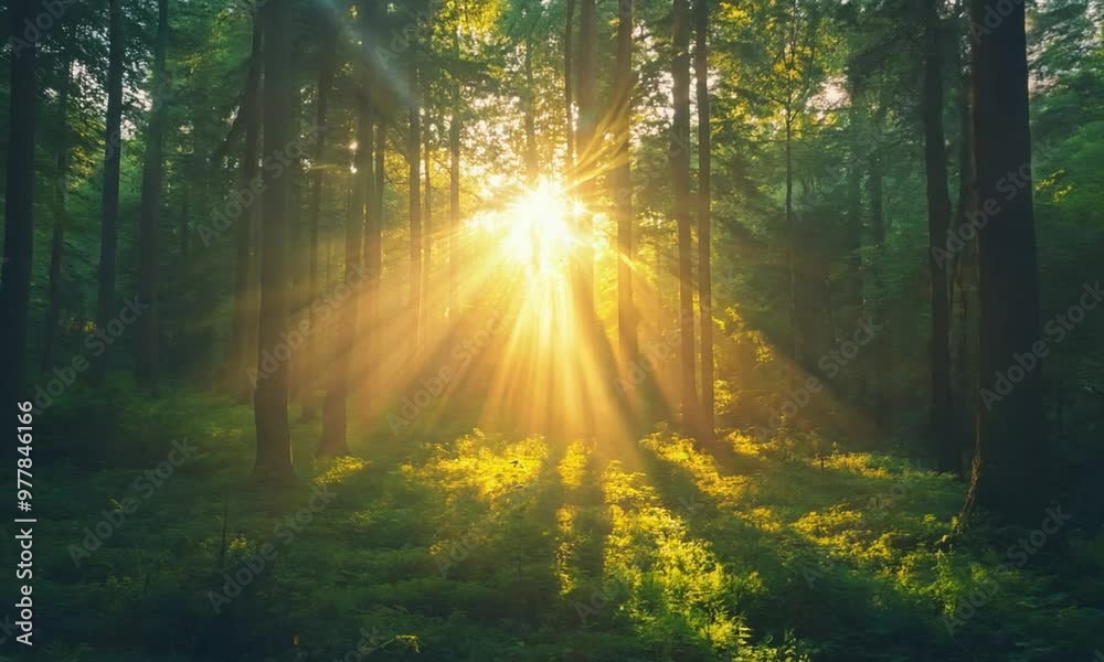 sunlight coming from behind the trees in the woods