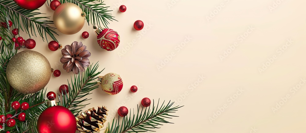Red and golden Christmas ornaments along with a pine tree branch Square copyspace top view background Red and golden Christmas ornaments along with a pine tree branch Square copyspace top view background