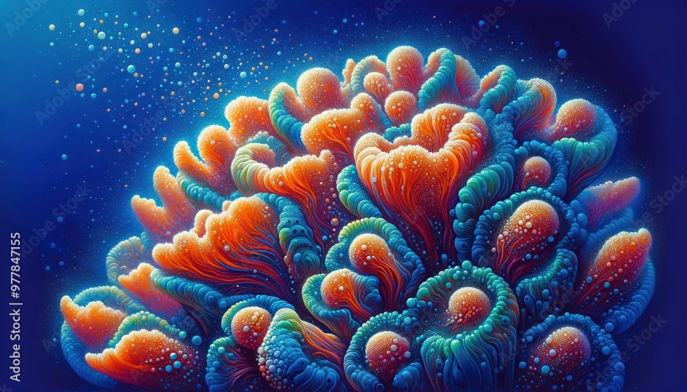 Fototapeta premium A vibrant, stylized acrylic painting showing a close-up of colorful coral. Bright orange and blue hues dominate the composition, giving it a surreal, cartoon-like underwater feel