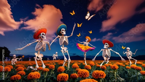 A dreamlike scene where skeletons dance with butterflies in a field of marigolds, under a starry night sky. Day of the Dead theme, perfect for Day of the Dead photo