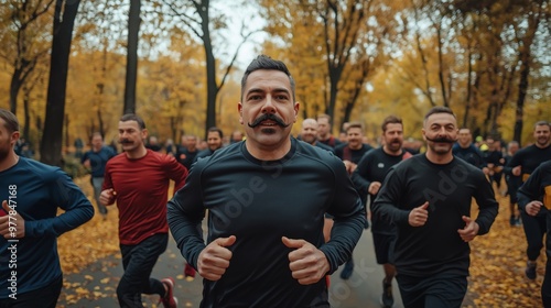 A large group of men with mustaches participating in a running event through an autumn park, trees adorned with golden leaves, a sense of unity and fitness