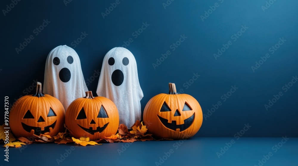 Halloween pumpkins and ghost 3d render style on blue background with copy space. Halloween pumpkins and ghost 3d render style on blue background with copy space.
