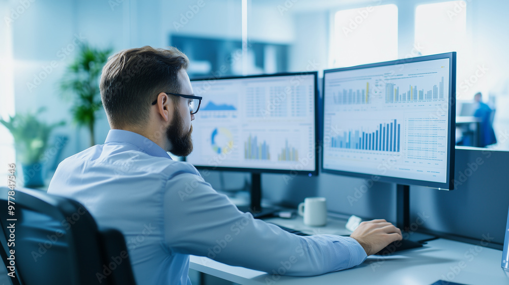 A professional working in an open office space, focusing on multiple digital analytics reports displayed on two large screens. The office environment reflects efficiency and a tech A professional working in an open office space, focusing on multiple digital analytics reports displayed on two large screens. The office environment reflects efficiency and a tech