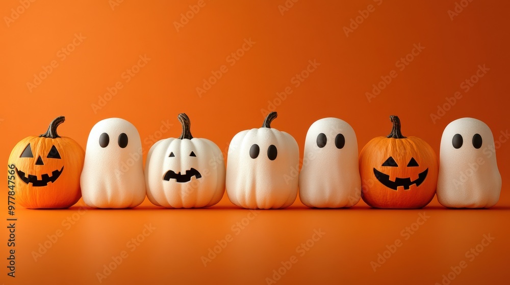 Halloween pumpkins and white sheet ghosts 3d render style with orange background and copy space. Halloween pumpkins and white sheet ghosts 3d render style with orange background and copy space.
